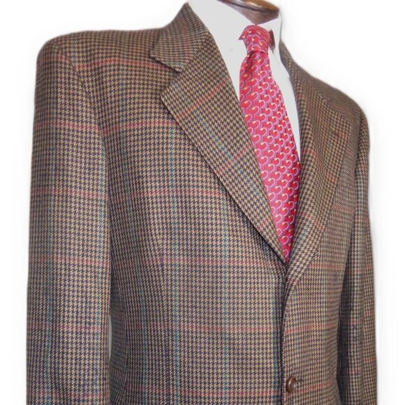 Hugo Boss 40L Wool Sport Coat Blazer Brown Navy Houndstooth Red Teal Check Class - Picture 4 of 7